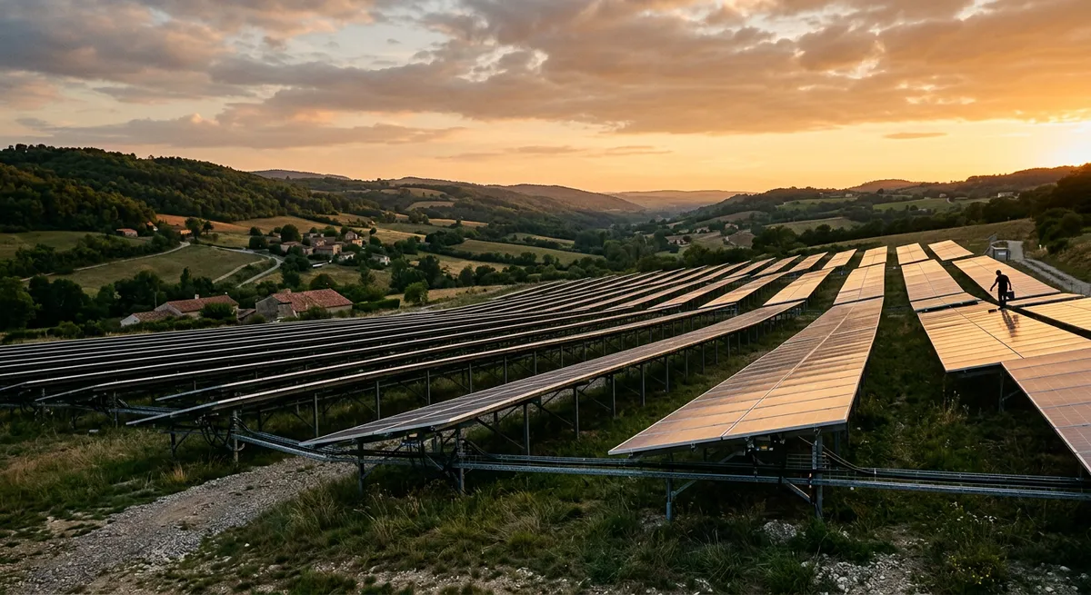 Champ de panneaux photovoltaïques au sol dans la campagne française