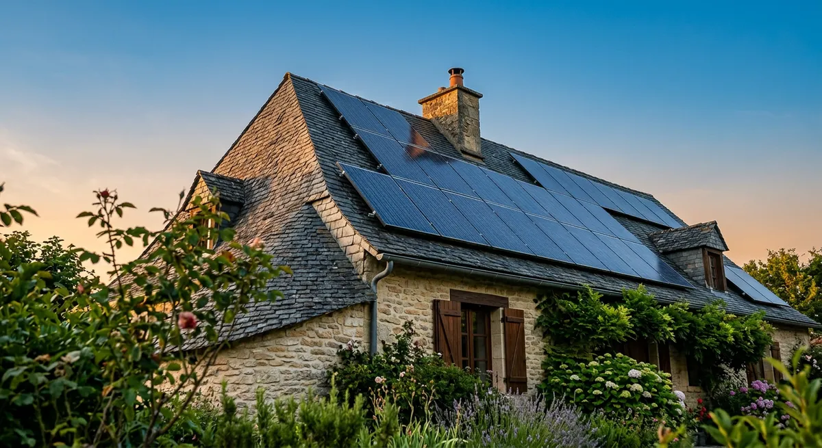 Toiture française équipée de panneaux photovoltaïques en surimposition