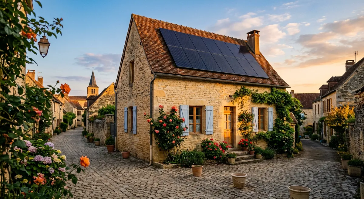 Maison française avec panneaux solaires en surimposition sur toiture en tuiles