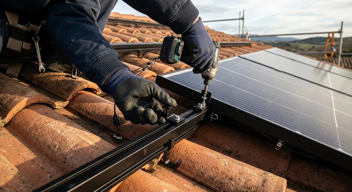 Installateur ajustant la fixation d'un panneau solaire